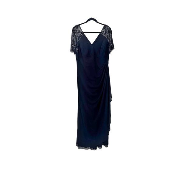 Xscape Beaded Sheer Flutter Sleeve Cascading Draped Waist Gown Navy Size 16 NWT - Picture 7 of 12